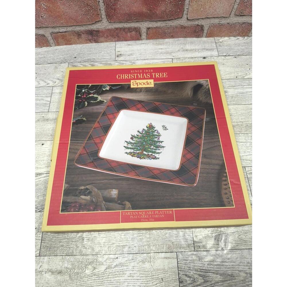 Spode Christmas Tree Tartan Square Platter 10" Festive Holiday Serving Platter